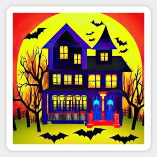 Spooky Blue Haunted Mansion With Bats and Full Moon Colorful Illustration Sticker